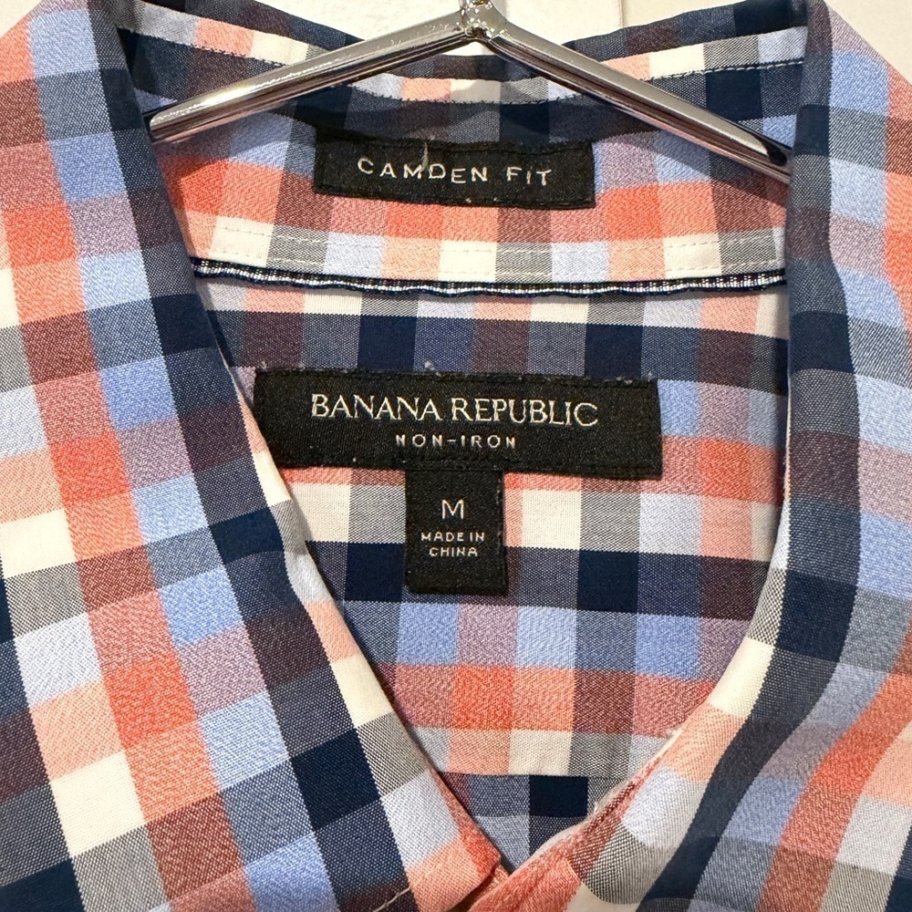 Banana Republic Men's Blue and Orange Plaid Non-Iron Shirt - Picture 2 of 6